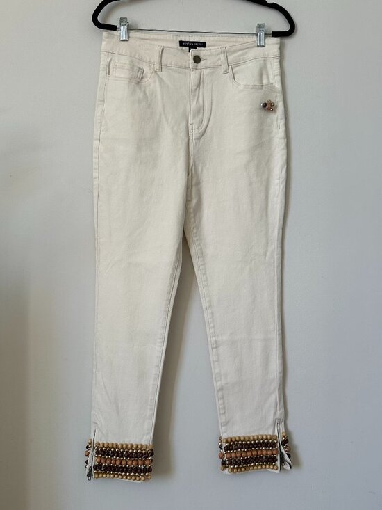 NWOT Boston Proper Cream Cropped Jeans Beaded Hem Zip Ankle Size 10 - Picture 2 of 6